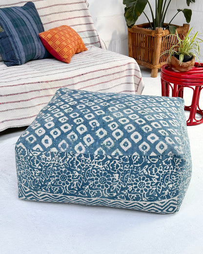 Extra Large Square Kantha Pouf Cushion Cover in Indigo Block Print