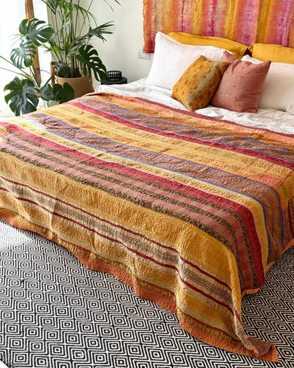 Extra Large Fine Stitched Vintage Kantha Quilt in Yellow and Pink Stripes - Biggs & Hill