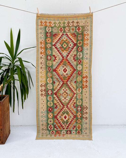 Green and Yellow Afghan Chobi Kilim Rug