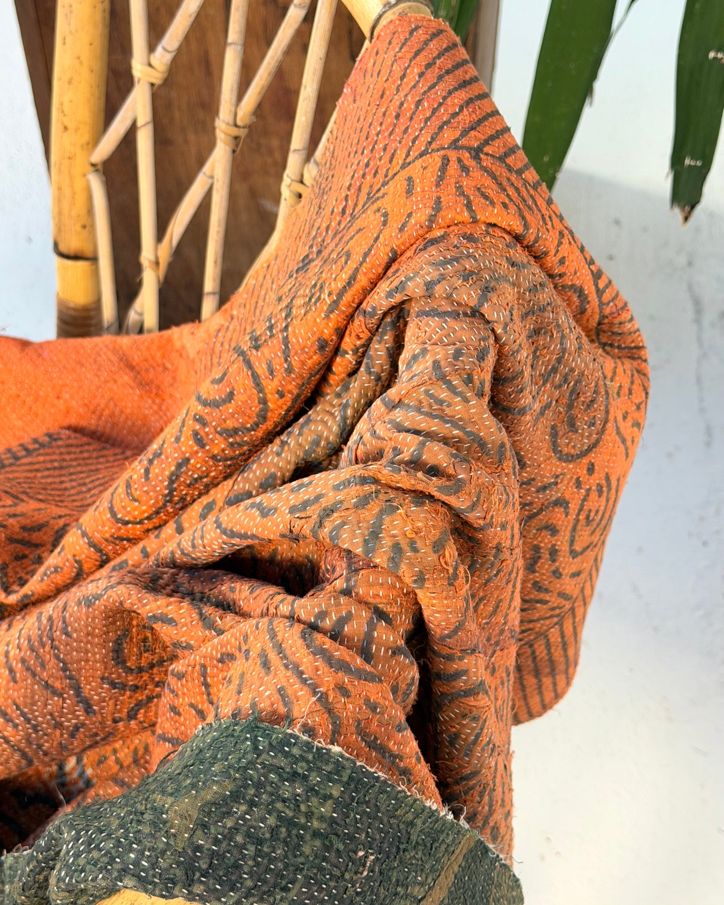 Ajrakh Printed Vintage Kantha Quilt In Orange And Green