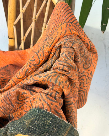 Ajrakh Printed Vintage Kantha Quilt In Orange And Green