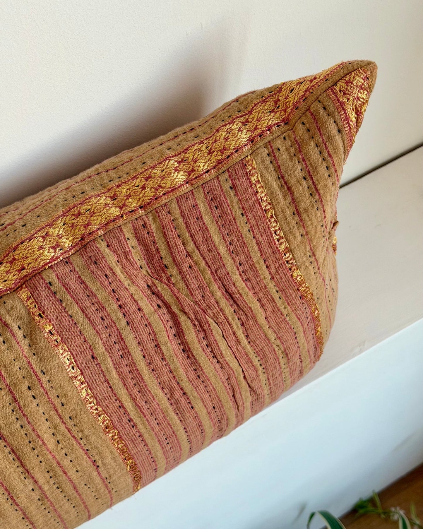 Vintage Kantha Bolster Cushion In Soft Pink and Gold - Biggs & Hill