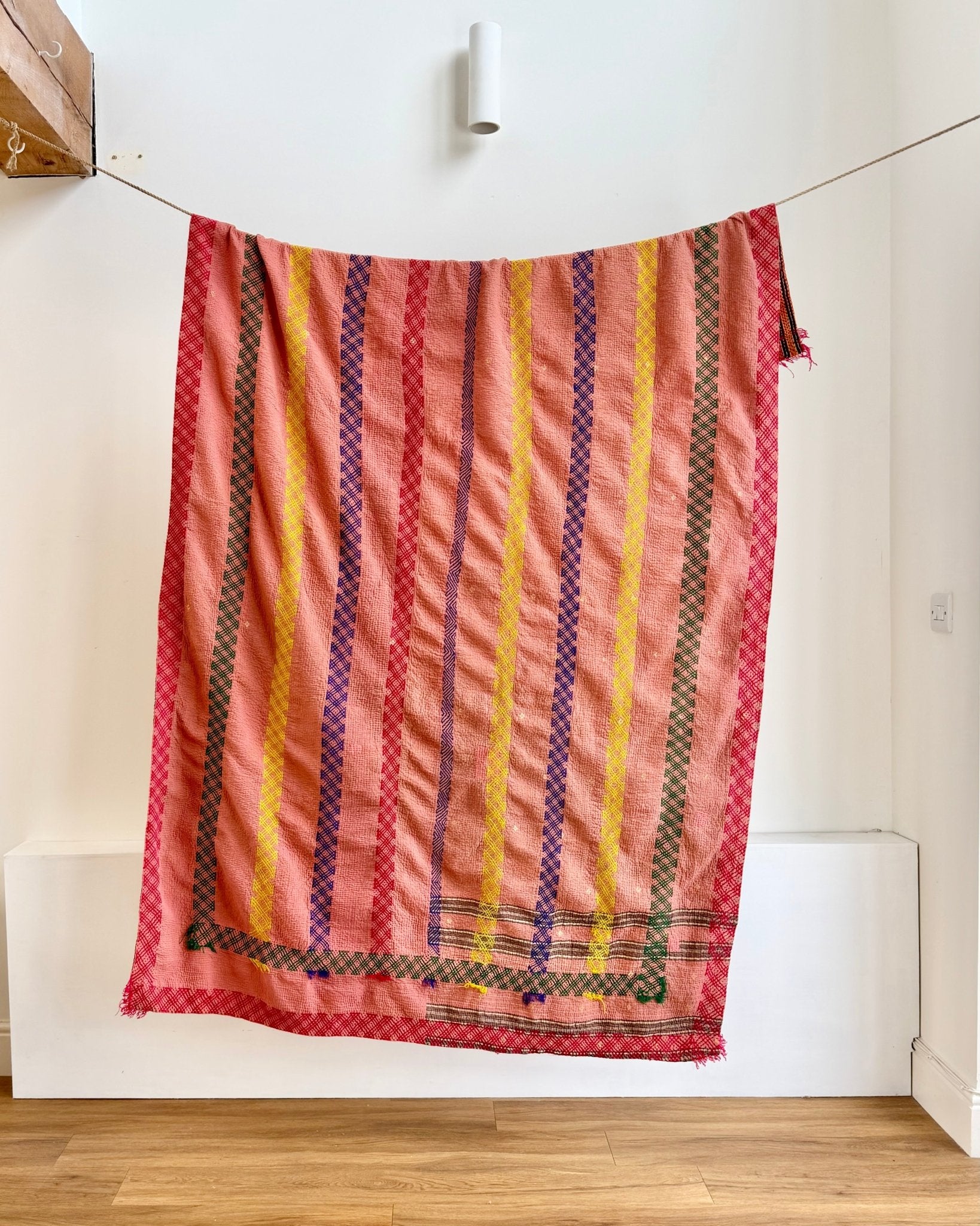 Large Embroidered Vintage Kantha Quilt in Pink and Orange - Biggs & Hill