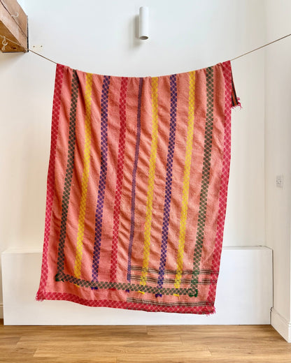 Large Embroidered Vintage Kantha Quilt in Pink and Orange - Biggs & Hill