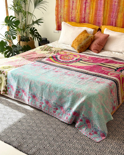 Extra Large Fine Stitched Vintage Kantha Quilt in Vibrant Multicolour Patterns - Biggs & Hill