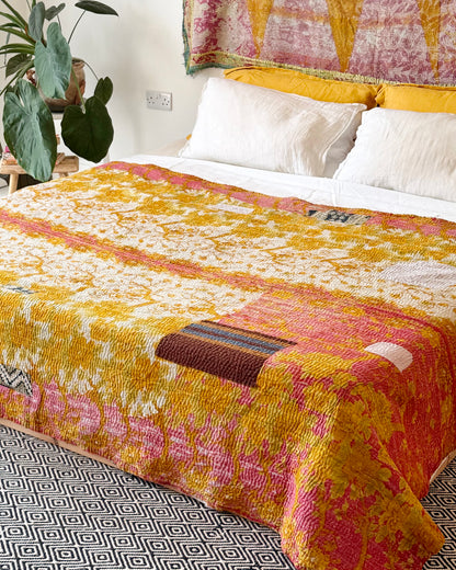 Extra Large Large Fine Stitched Vintage Kantha Quilt in Pink and Yellow