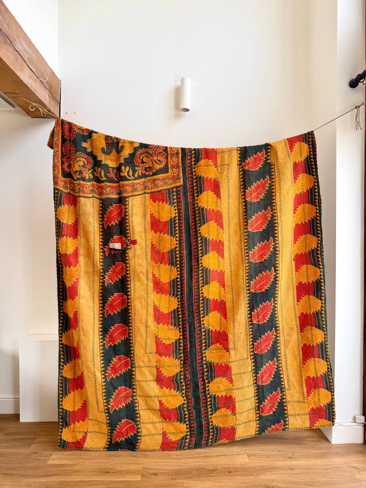 Extra Large Embroidered Vintage Kantha Quilt in Orange and Green