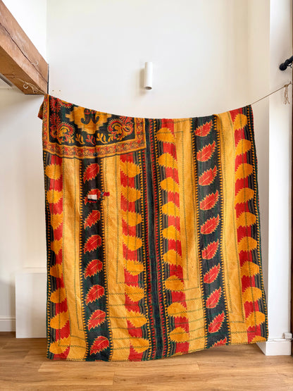 Extra Large Embroidered Vintage Kantha Quilt in Orange and Green