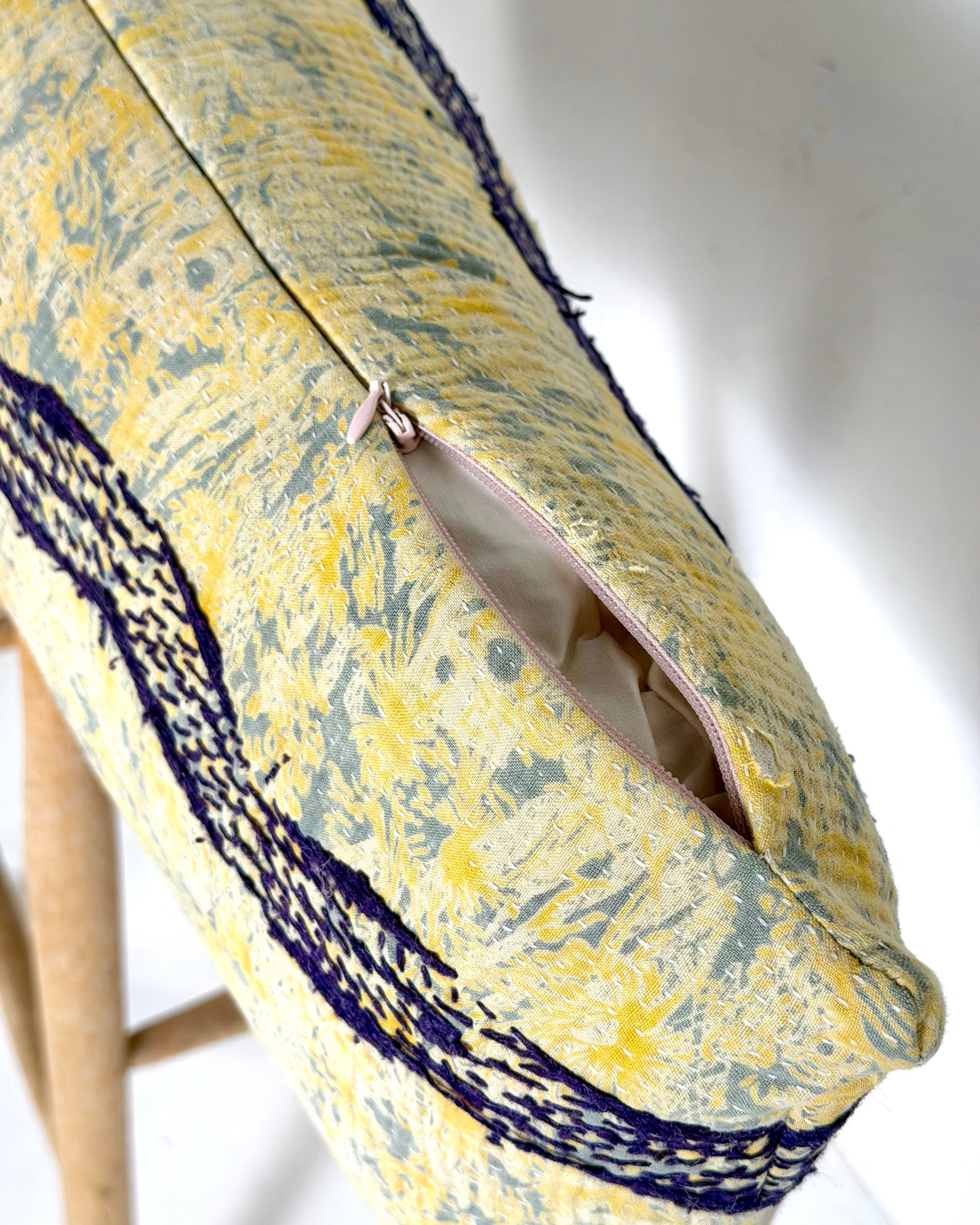 Vintage Kantha Bolster Cushion Cover In Green and Pink With Embroidery 30 x 100cm