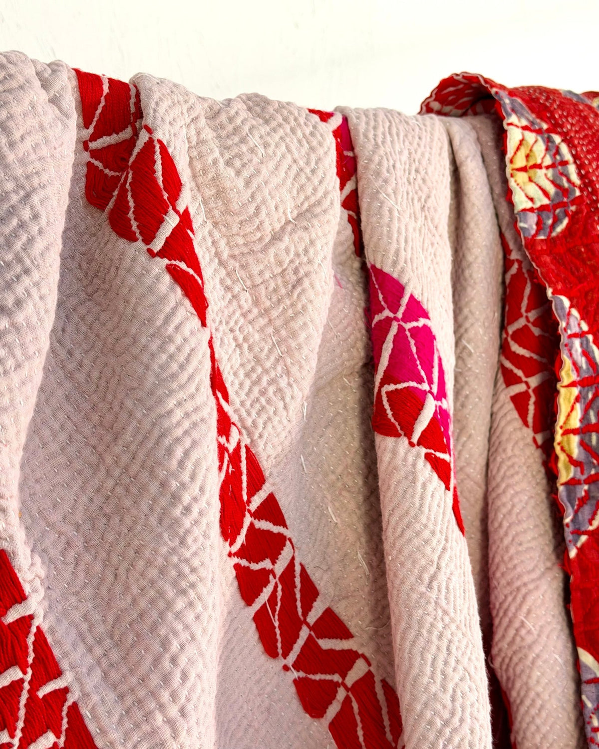 Embroidered Vintage Kantha Quilt in Red and Lilac - Biggs & Hill
