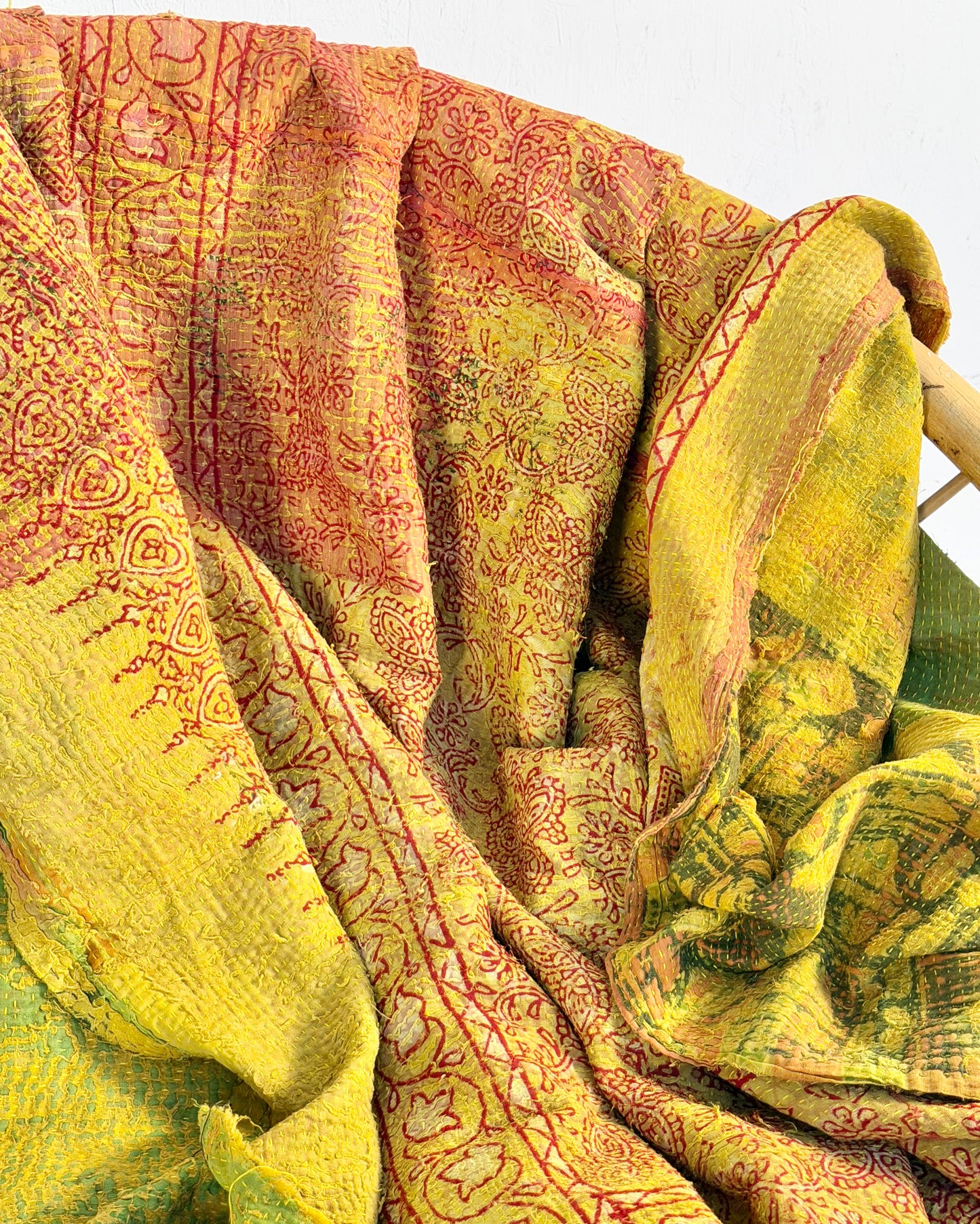 Extra Large Ajrakh Printed Vintage Kantha Quilt In Green-Gold