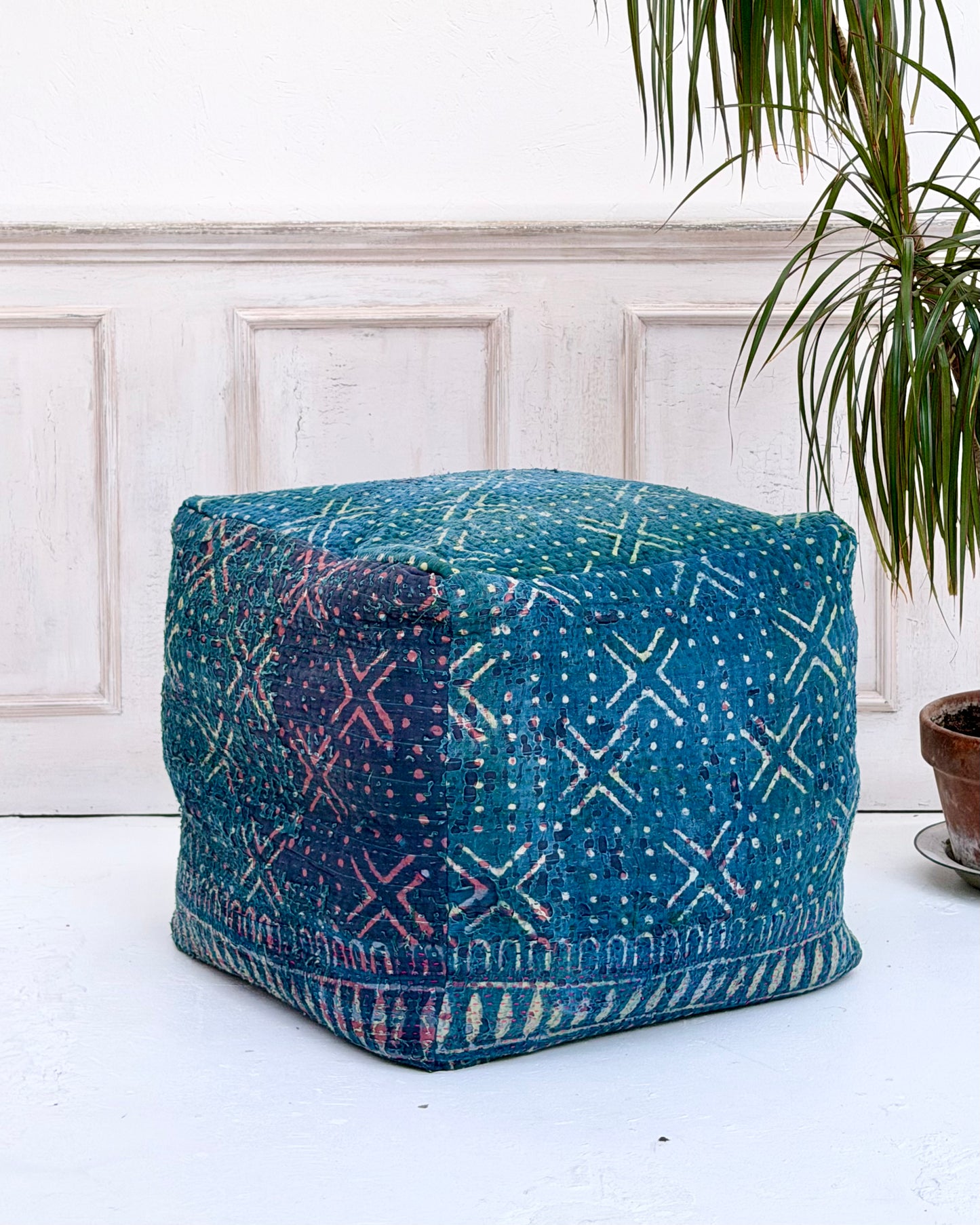 Cube Kantha Pouf Cushion Cover With Indigo Block Print