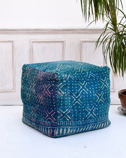 Cube Kantha Pouf Cushion Cover With Indigo Block Print