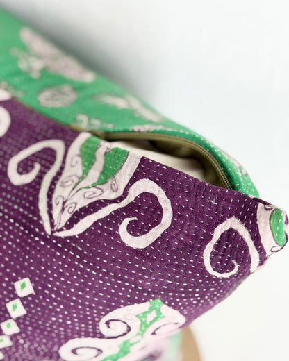 Handmade Vintage Kantha Cushion Cover In Green and Purple - 45cm (18") Square - Biggs & Hill