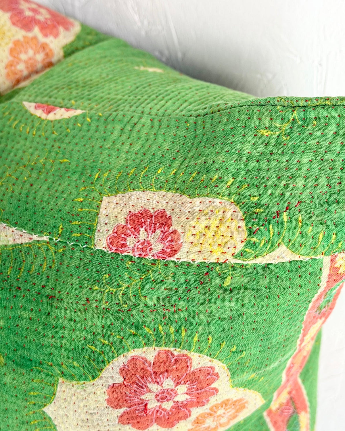 Handmade Vintage Kantha Cushion Cover In Green Floral - 45cm (18") Square - Biggs & Hill