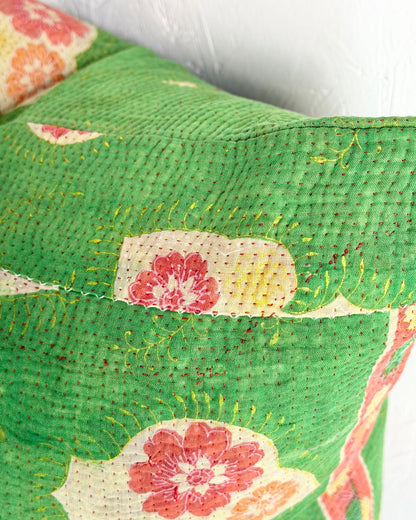 Handmade Vintage Kantha Cushion Cover In Green Floral - 45cm (18") Square - Biggs & Hill