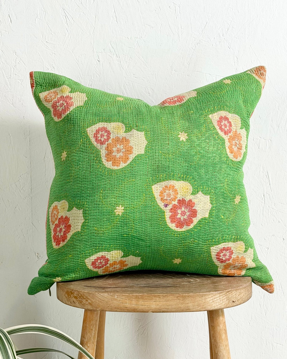 Handmade Vintage Kantha Cushion Cover In Green Floral - 45cm (18") Square - Biggs & Hill