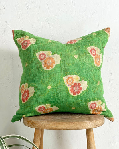 Handmade Vintage Kantha Cushion Cover In Green Floral - 45cm (18") Square - Biggs & Hill