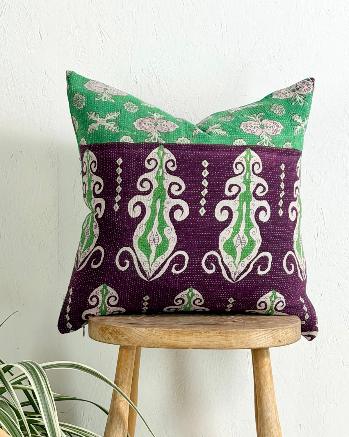 Handmade Vintage Kantha Cushion Cover In Green and Purple - 45cm (18") Square - Biggs & Hill