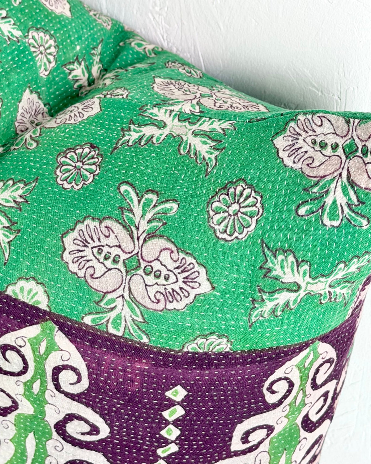 Handmade Vintage Kantha Cushion Cover In Green and Purple - 45cm (18") Square - Biggs & Hill