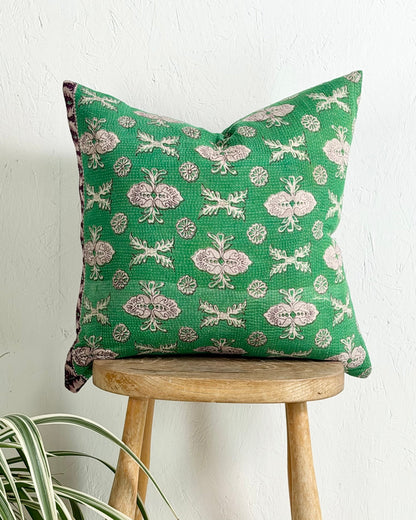 Handmade Vintage Kantha Cushion Cover In Green and Purple - 45cm (18") Square - Biggs & Hill