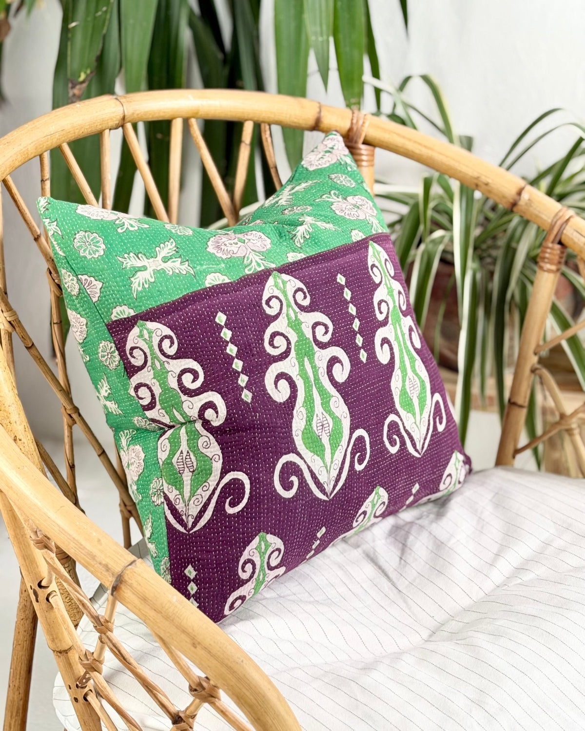 Handmade Vintage Kantha Cushion Cover In Green and Purple - 45cm (18") Square - Biggs & Hill