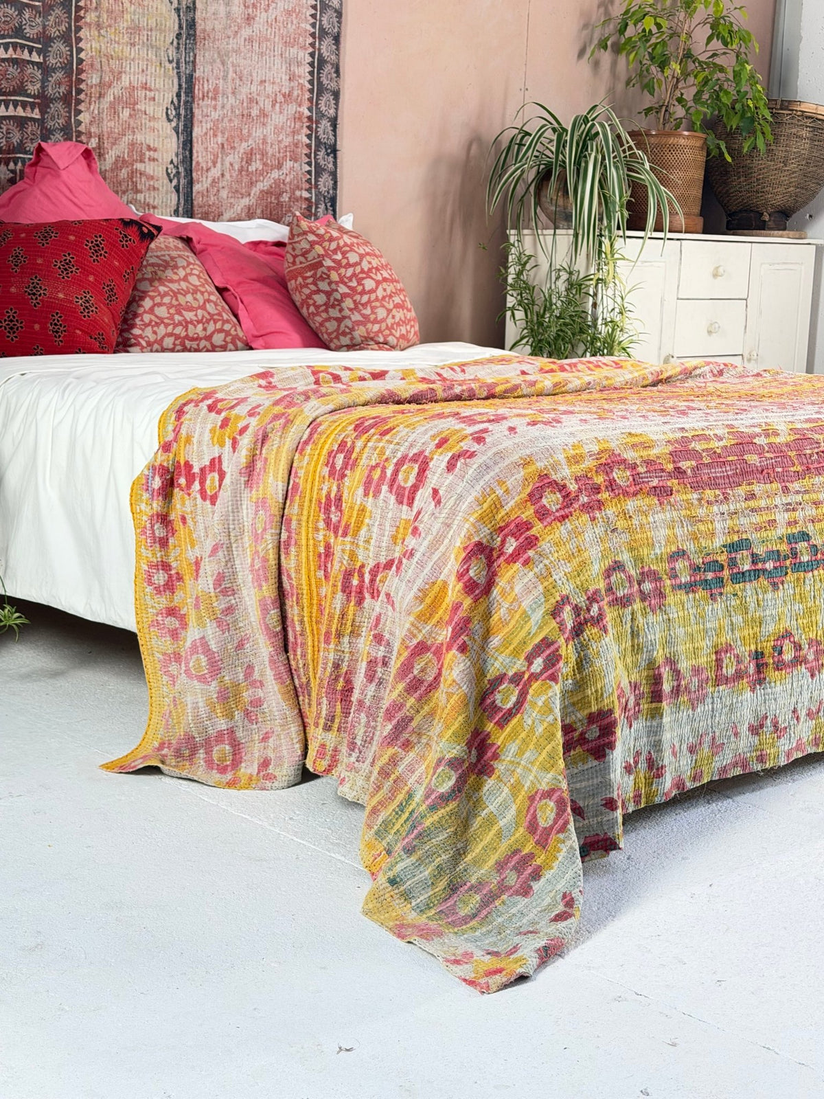 Extra Large Textured Vintage Kantha Quilt in Pink and Yellow Floral - Biggs & Hill
