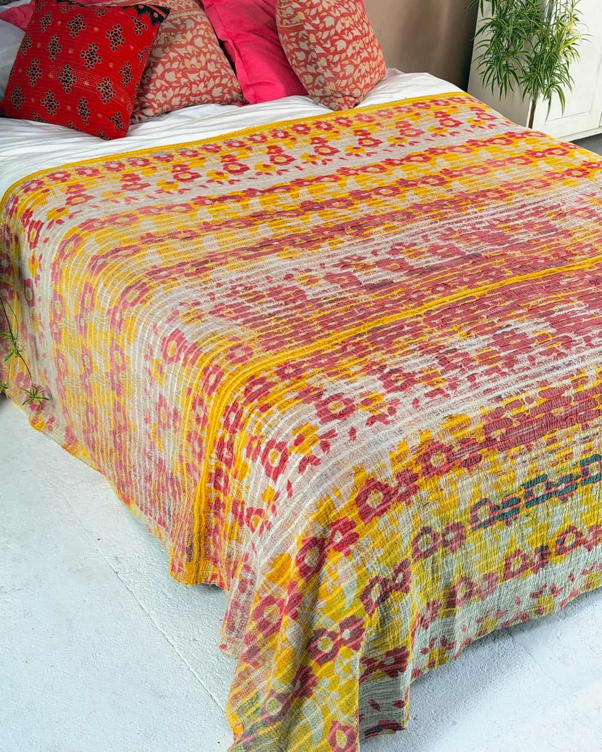 Extra Large Textured Vintage Kantha Quilt in Pink and Yellow Floral - Biggs & Hill