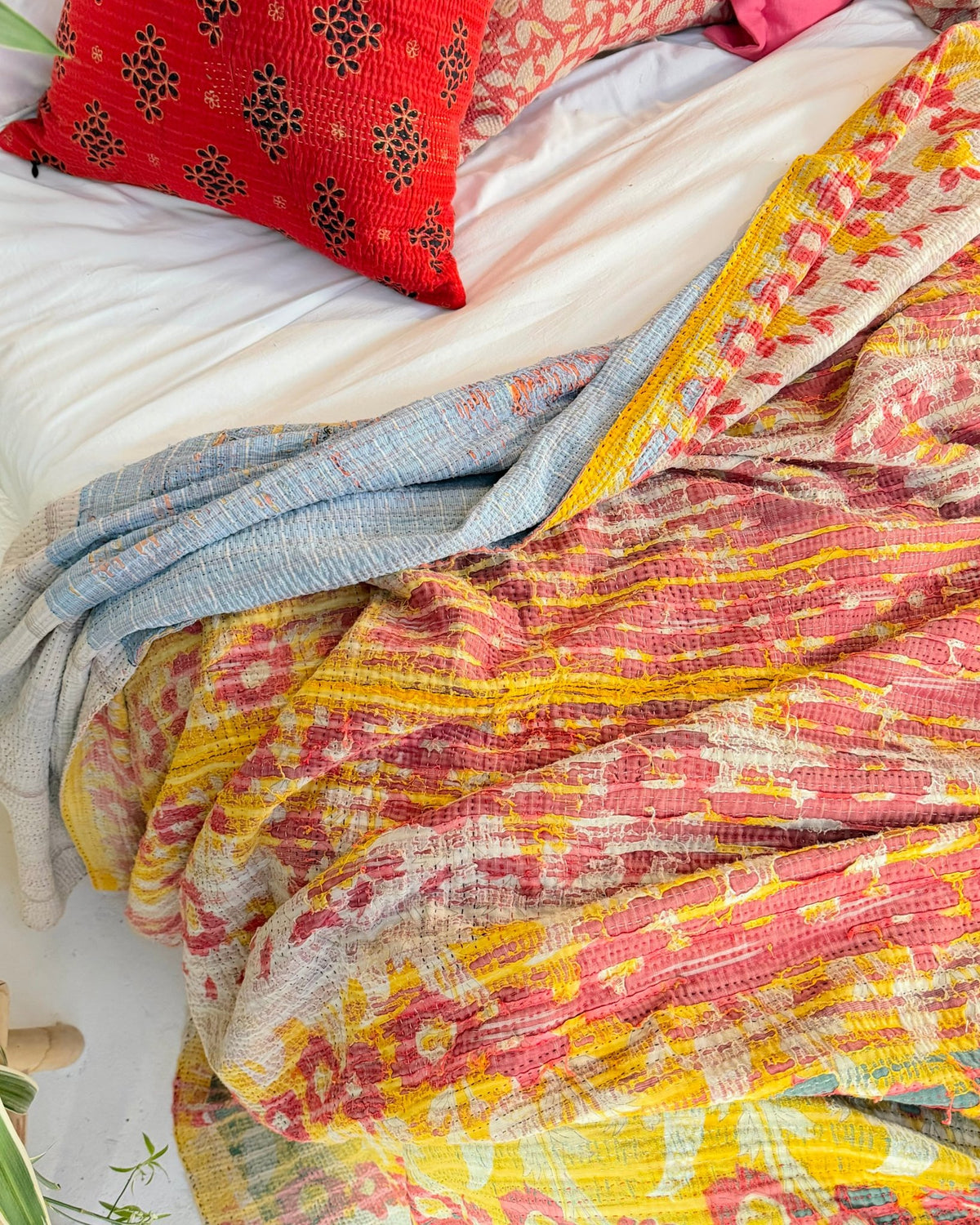 Extra Large Textured Vintage Kantha Quilt in Pink and Yellow Floral - Biggs & Hill