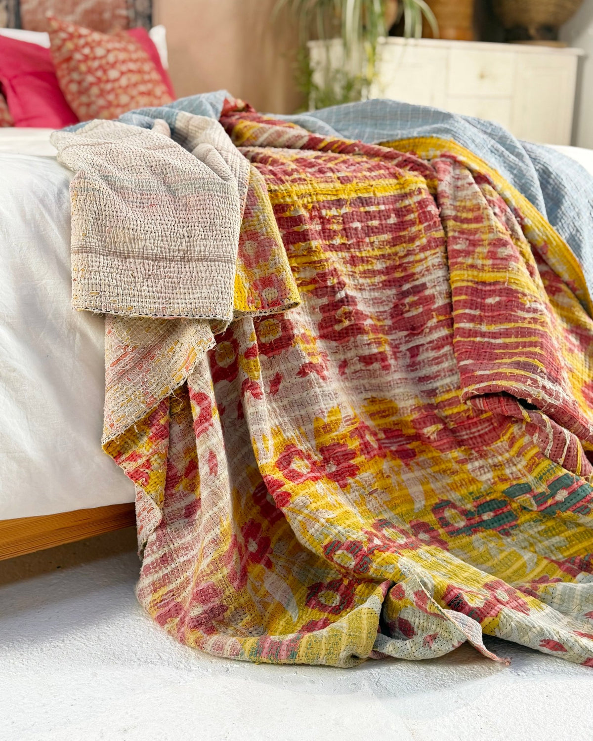 Extra Large Textured Vintage Kantha Quilt in Pink and Yellow Floral - Biggs & Hill
