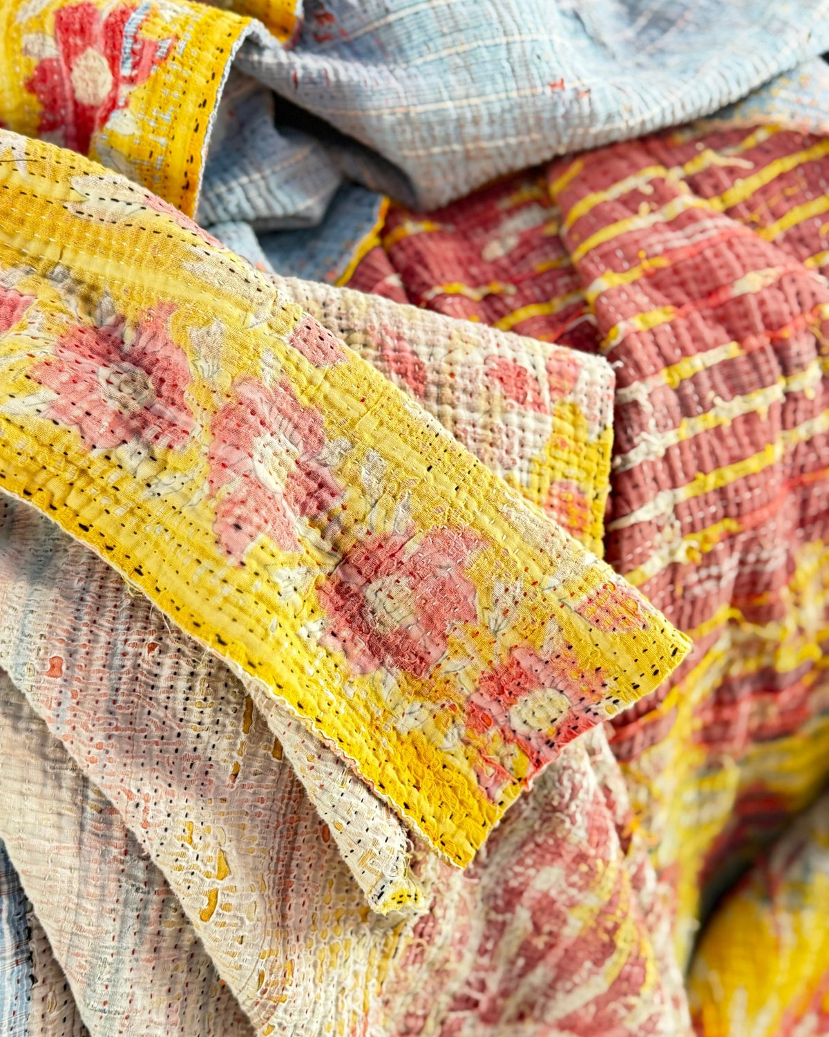 Extra Large Textured Vintage Kantha Quilt in Pink and Yellow Floral - Biggs & Hill