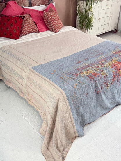 Extra Large Textured Vintage Kantha Quilt in Pink and Yellow Floral - Biggs & Hill
