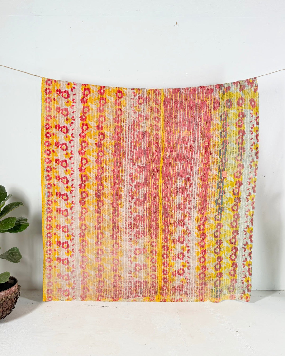 Extra Large Textured Vintage Kantha Quilt in Pink and Yellow Floral - Biggs & Hill