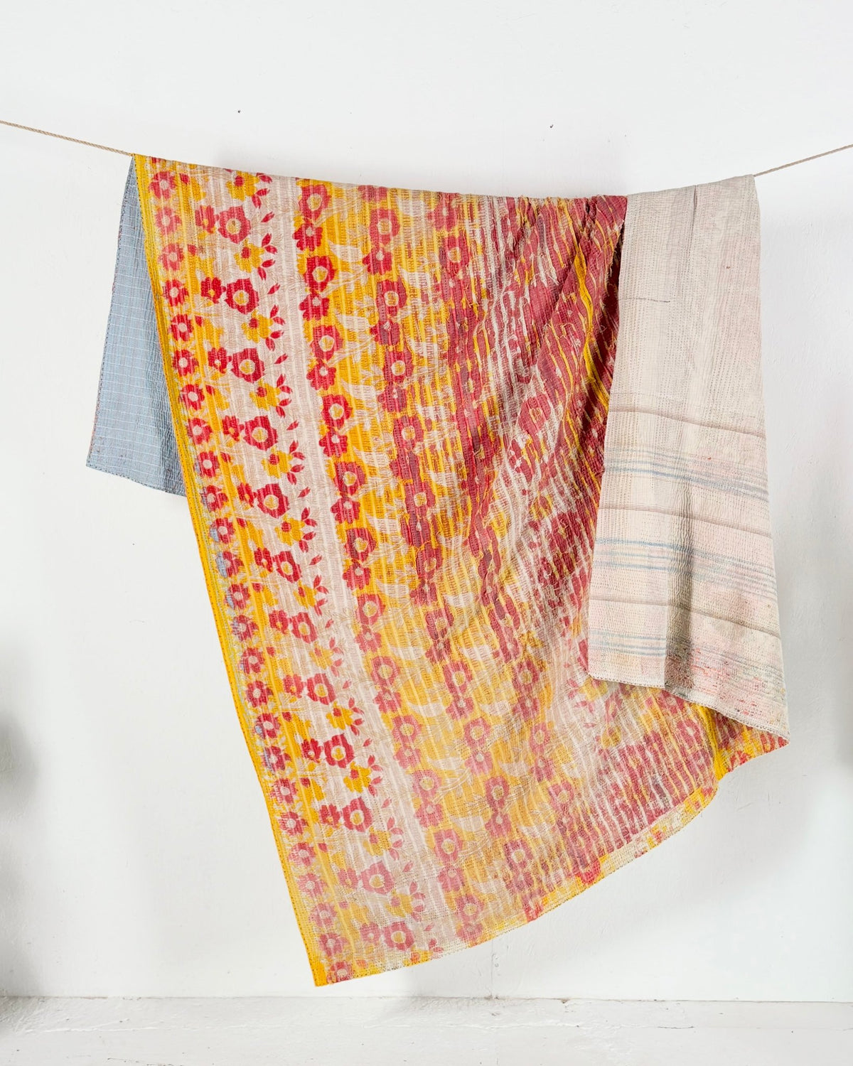 Extra Large Textured Vintage Kantha Quilt in Pink and Yellow Floral - Biggs & Hill