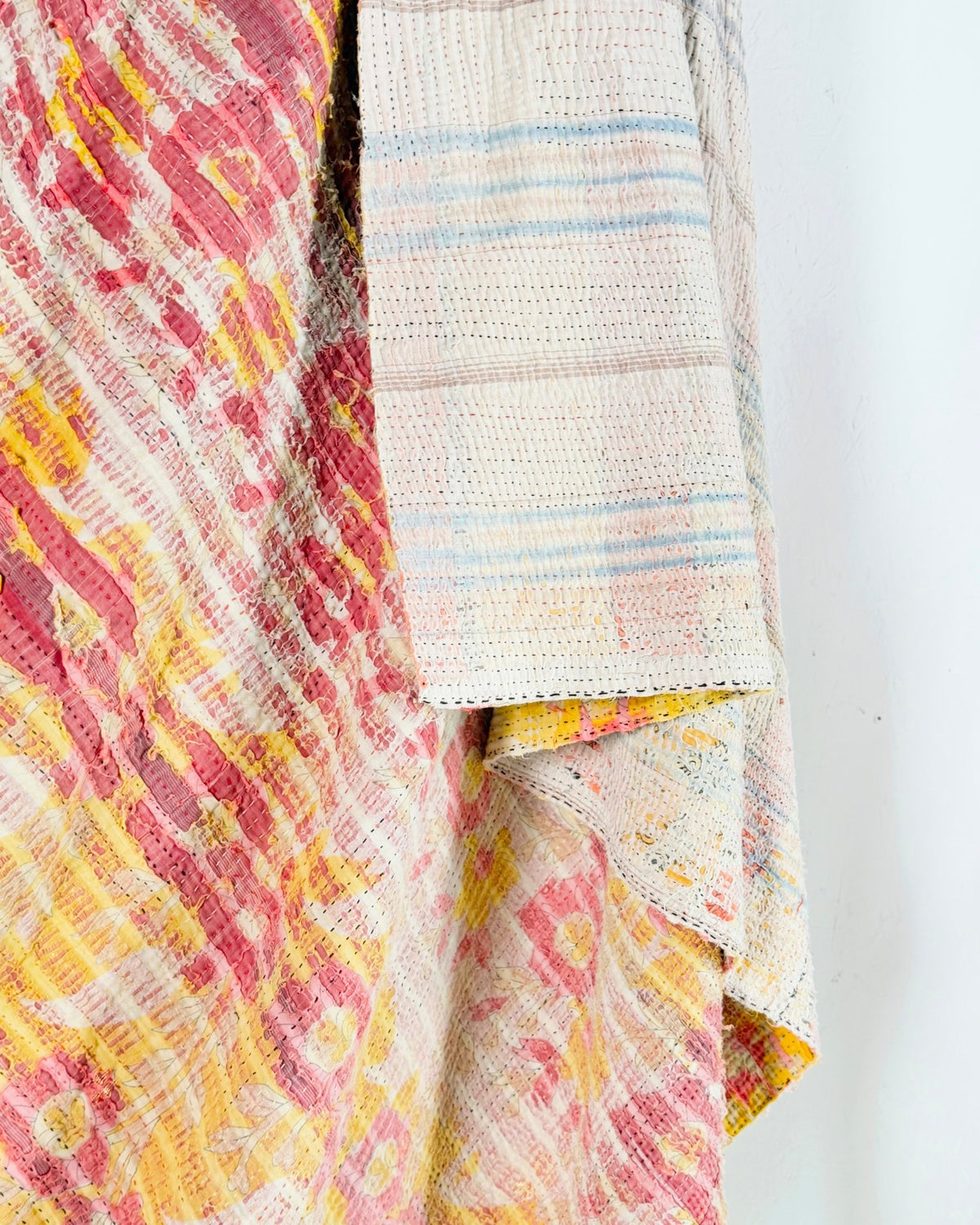 Extra Large Textured Vintage Kantha Quilt in Pink and Yellow Floral - Biggs & Hill