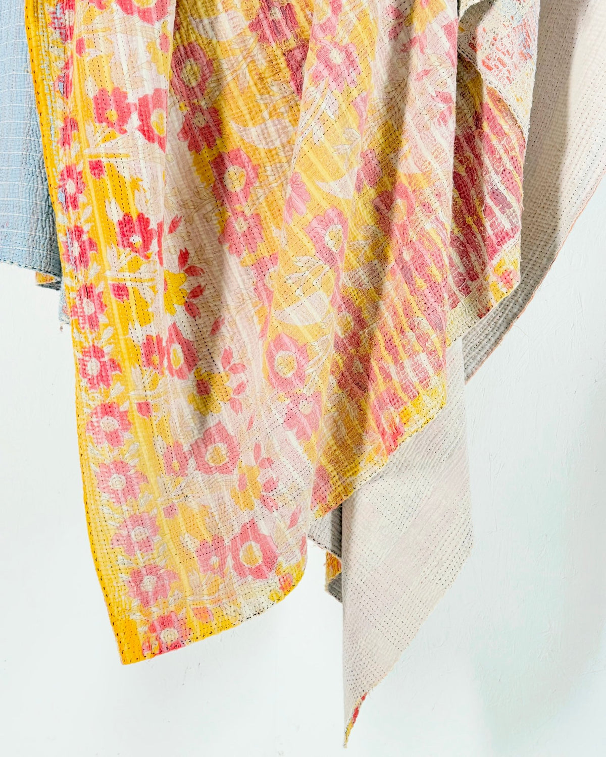Extra Large Textured Vintage Kantha Quilt in Pink and Yellow Floral - Biggs & Hill