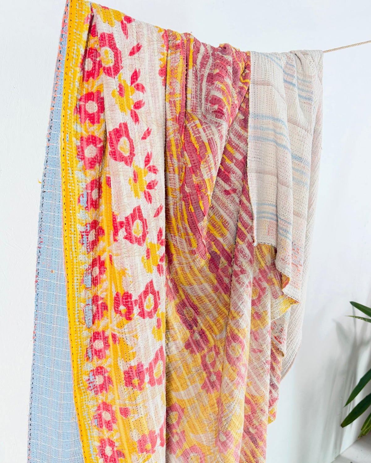 Extra Large Textured Vintage Kantha Quilt in Pink and Yellow Floral - Biggs & Hill