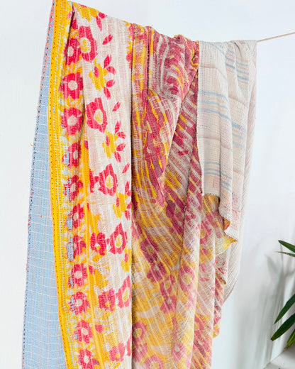 Extra Large Textured Vintage Kantha Quilt in Pink and Yellow Floral - Biggs & Hill