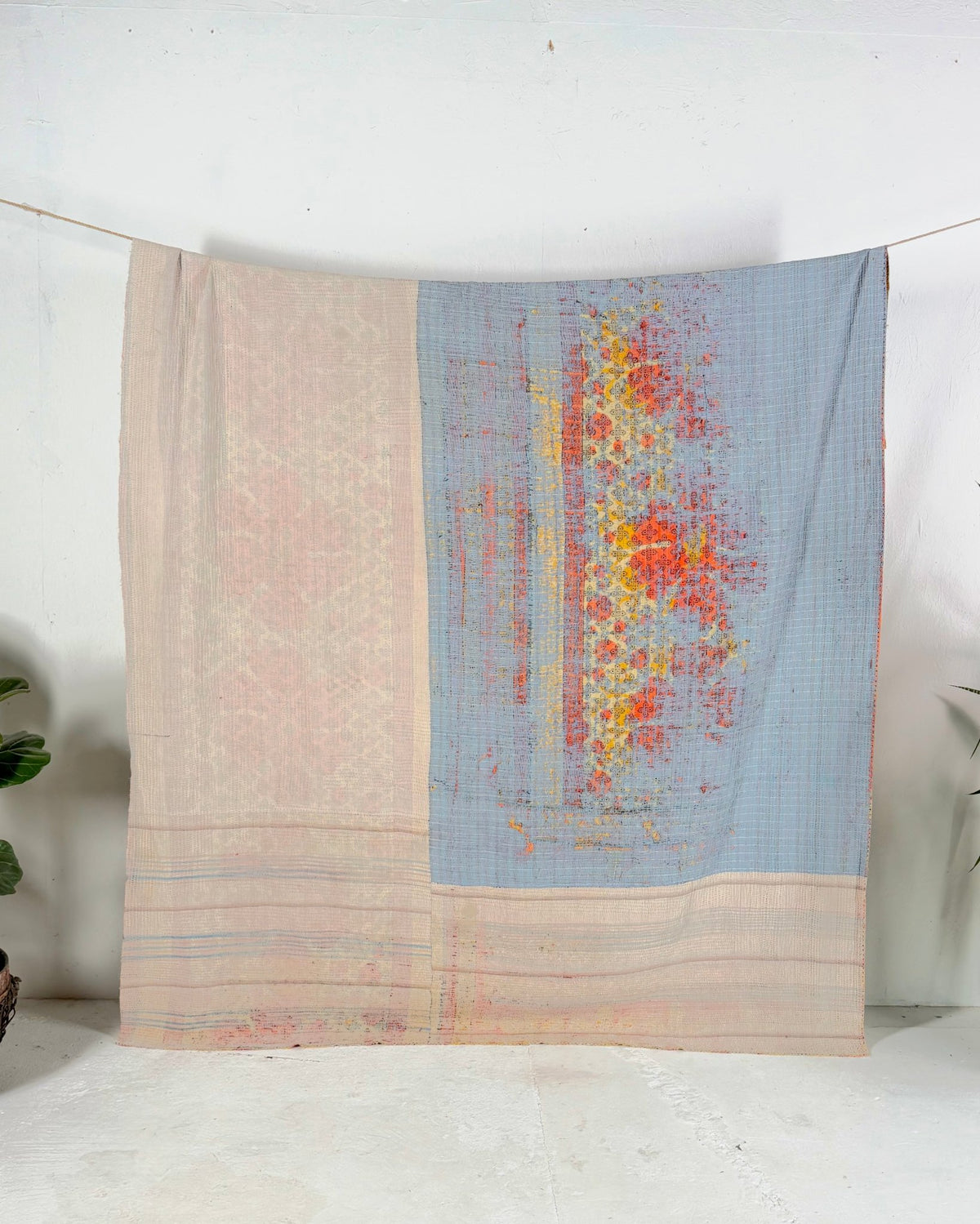 Extra Large Textured Vintage Kantha Quilt in Pink and Yellow Floral - Biggs & Hill