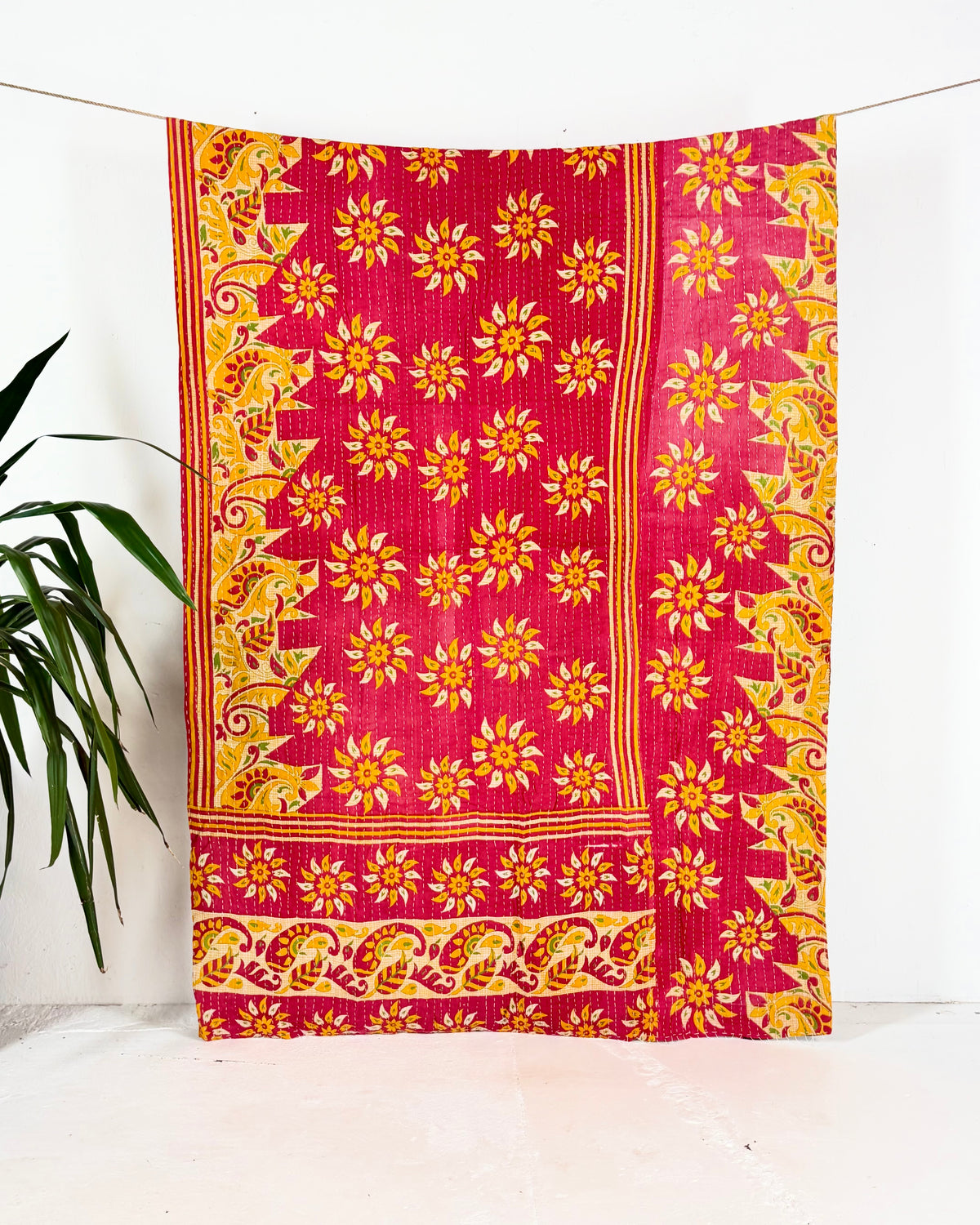 Vintage Cotton Kantha Quilt In Pink and Black 15