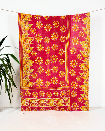 Vintage Cotton Kantha Quilt In Pink and Black 15