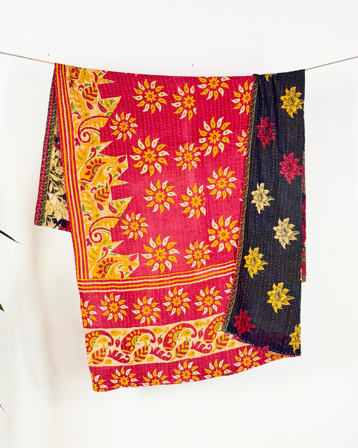 Vintage Cotton Kantha Quilt In Pink and Black 15