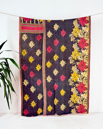 Vintage Cotton Kantha Quilt In Pink and Black 15