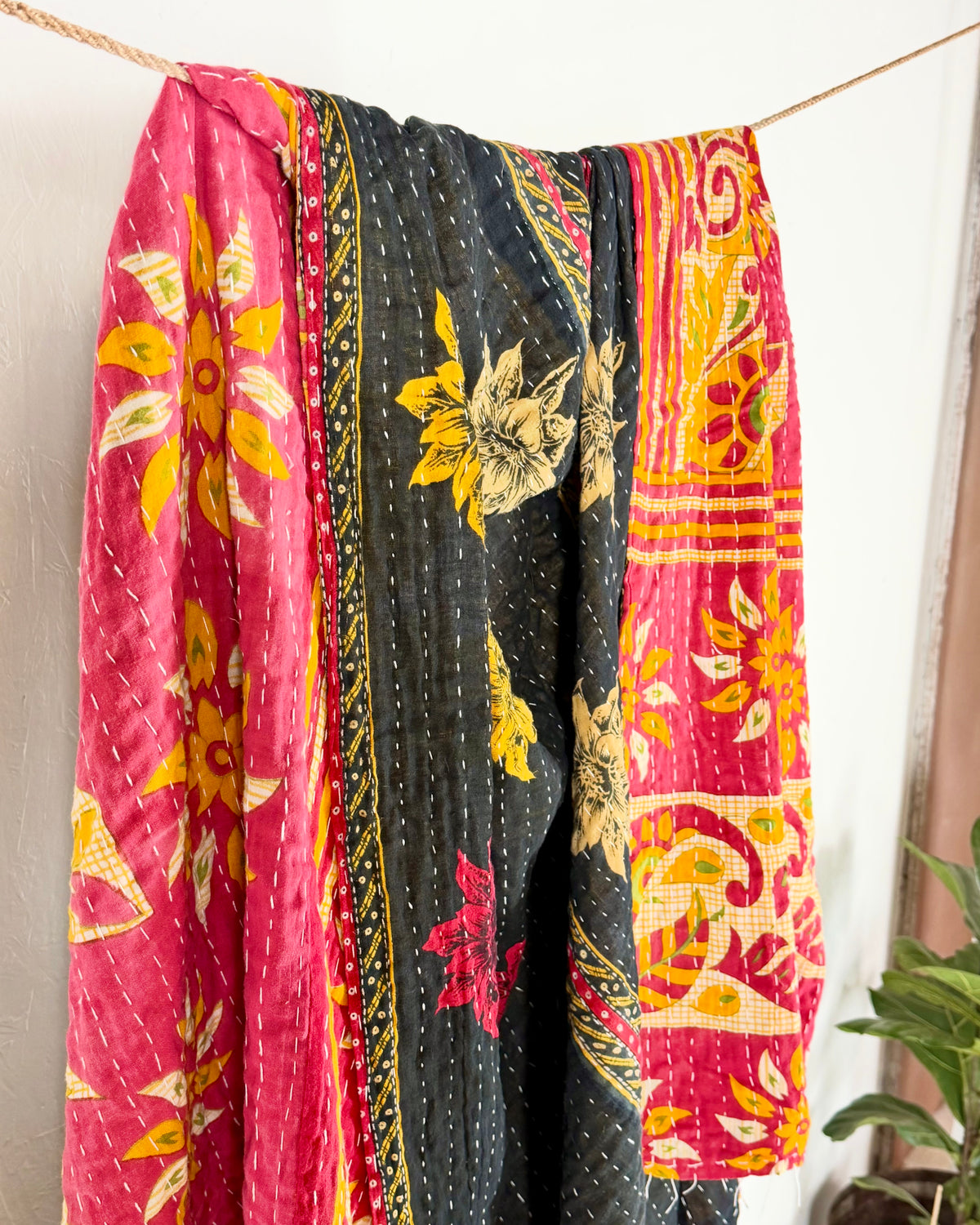 Vintage Cotton Kantha Quilt In Pink and Black 15