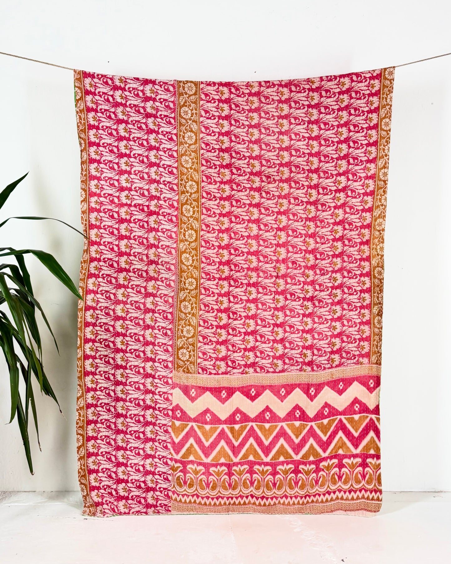 Vintage Cotton Kantha Quilt In Pink and Green 16