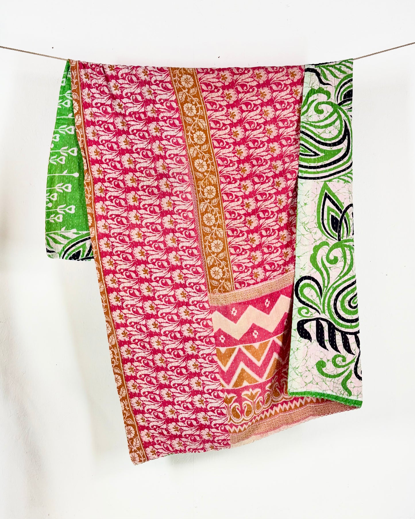 Vintage Cotton Kantha Quilt In Pink and Green 16