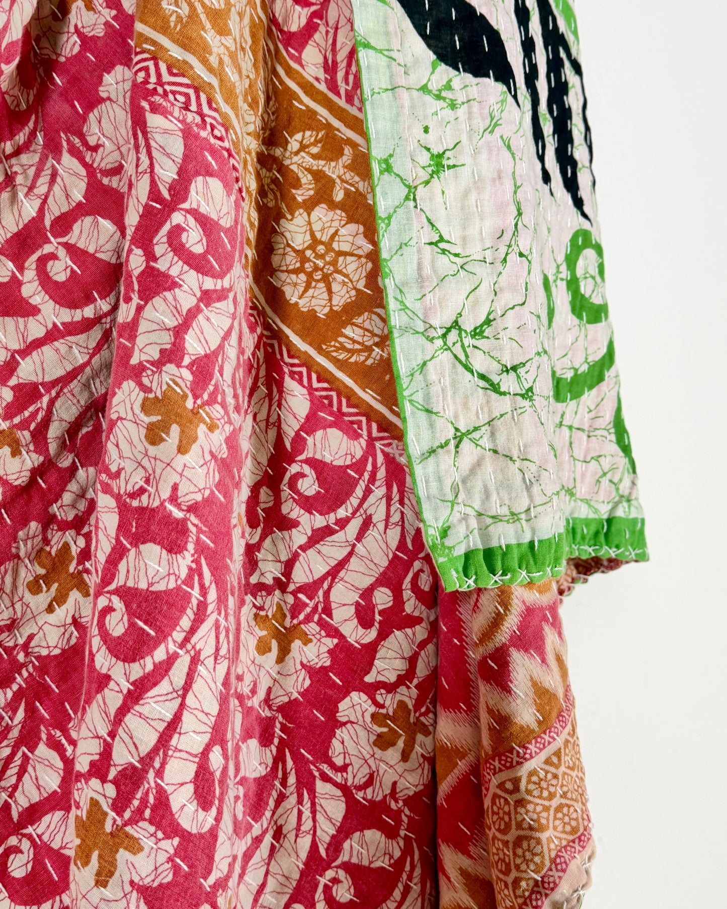 Vintage Cotton Kantha Quilt In Pink and Green 16