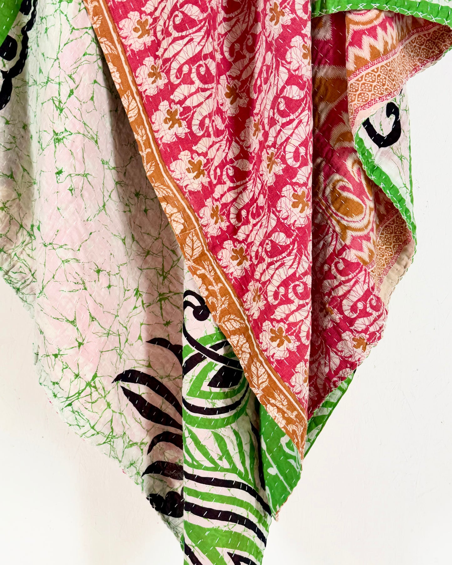 Vintage Cotton Kantha Quilt In Pink and Green 16