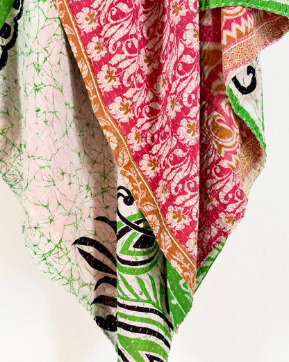 Vintage Cotton Kantha Quilt In Pink and Green 16
