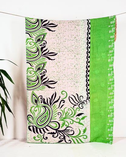 Vintage Cotton Kantha Quilt In Pink and Green 16